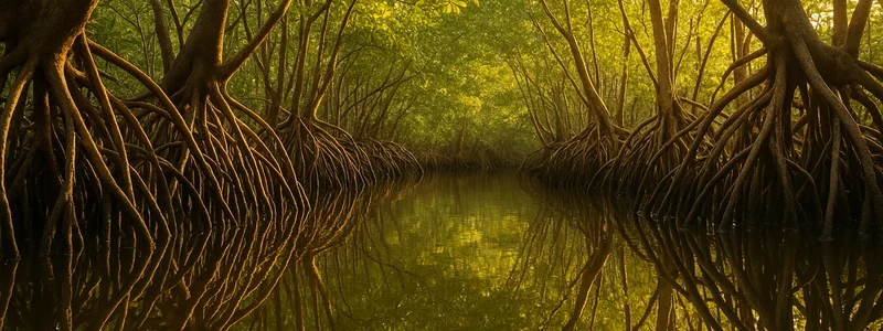 Mangrovebos met luchtwortels langs een rustige kustinham in laag avondlicht