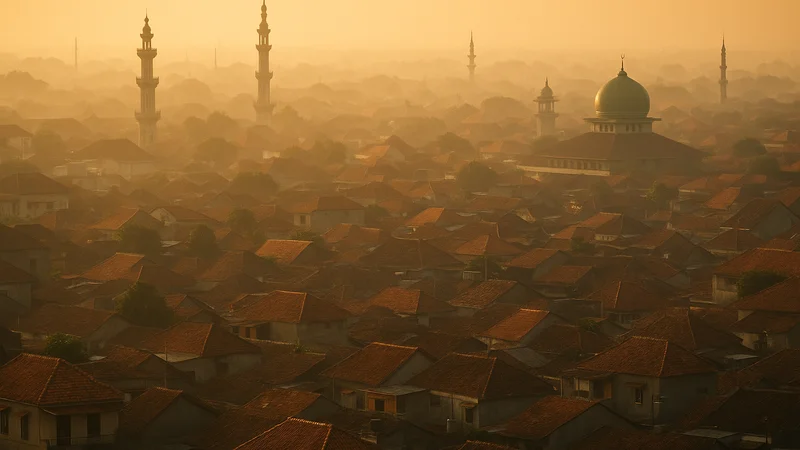 Uitzicht over een dichtbebouwde Javaanse stad bij zonsopgang