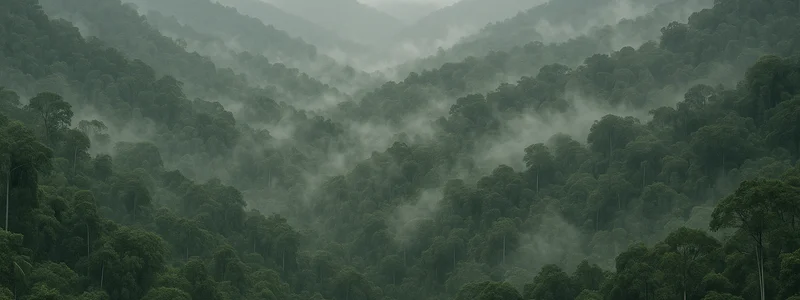 Mistig tropisch bergbos met dichte begroeiing na een regenbui